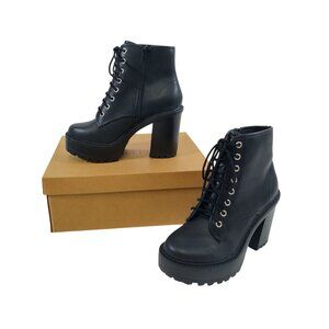 Black Platform Lace-Up Ankle Boots, 5" Chunky Heel, Side Zipper, Size 8 Women’s